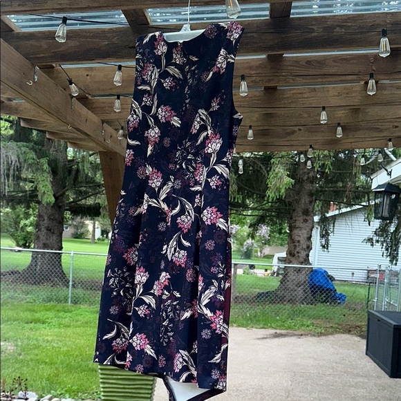 Elegant Asymmetrical Floral Dress in Burgundy and Navy - Picture 8 of 16